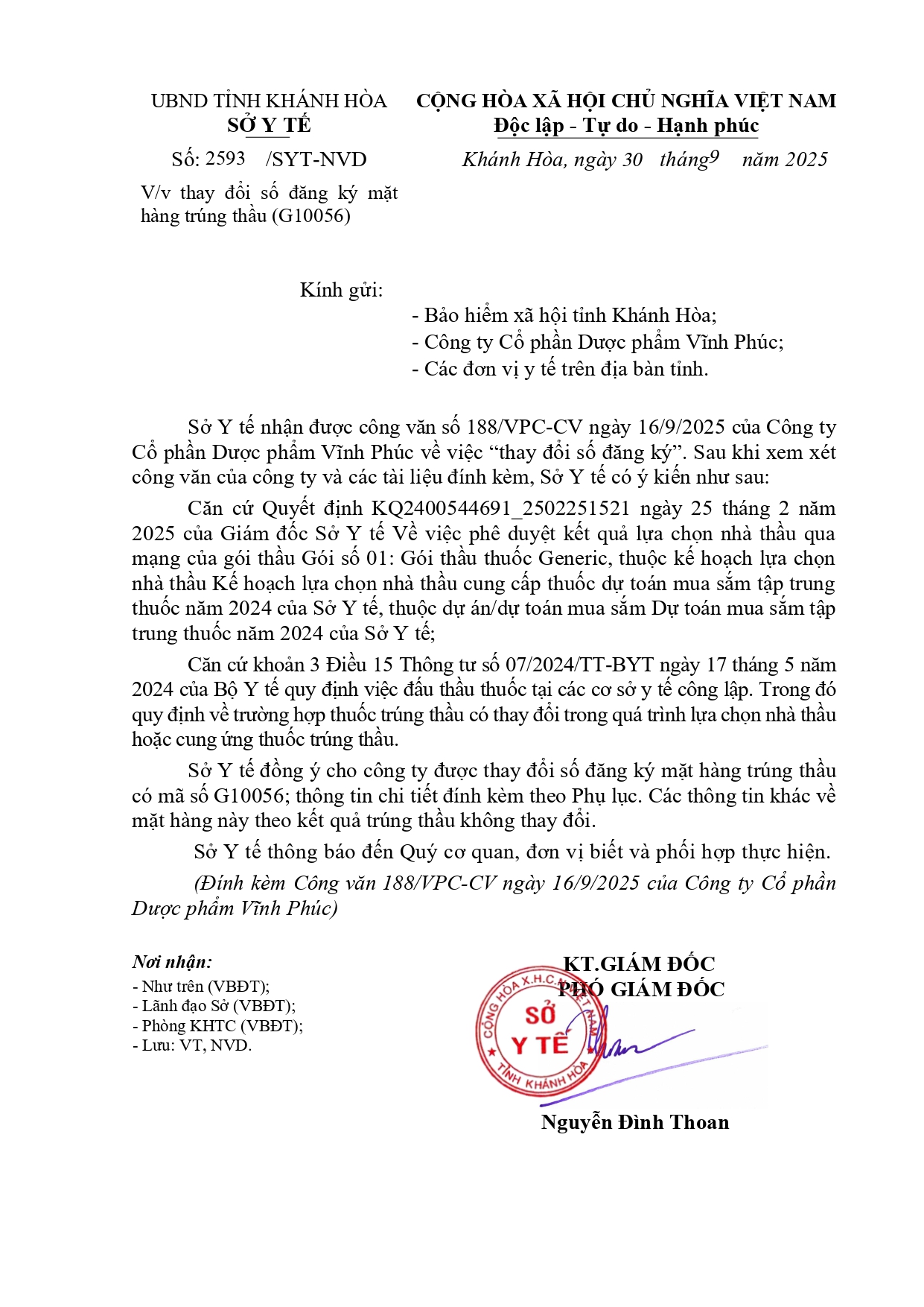 V/v thay đổi số đăng ký mặt hàng trúng thầu (G10056)